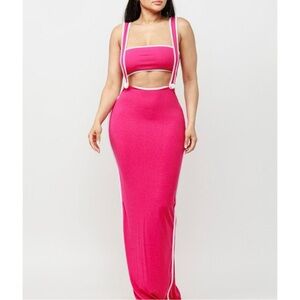 Pink Maxi Suspender Dress with White Trim